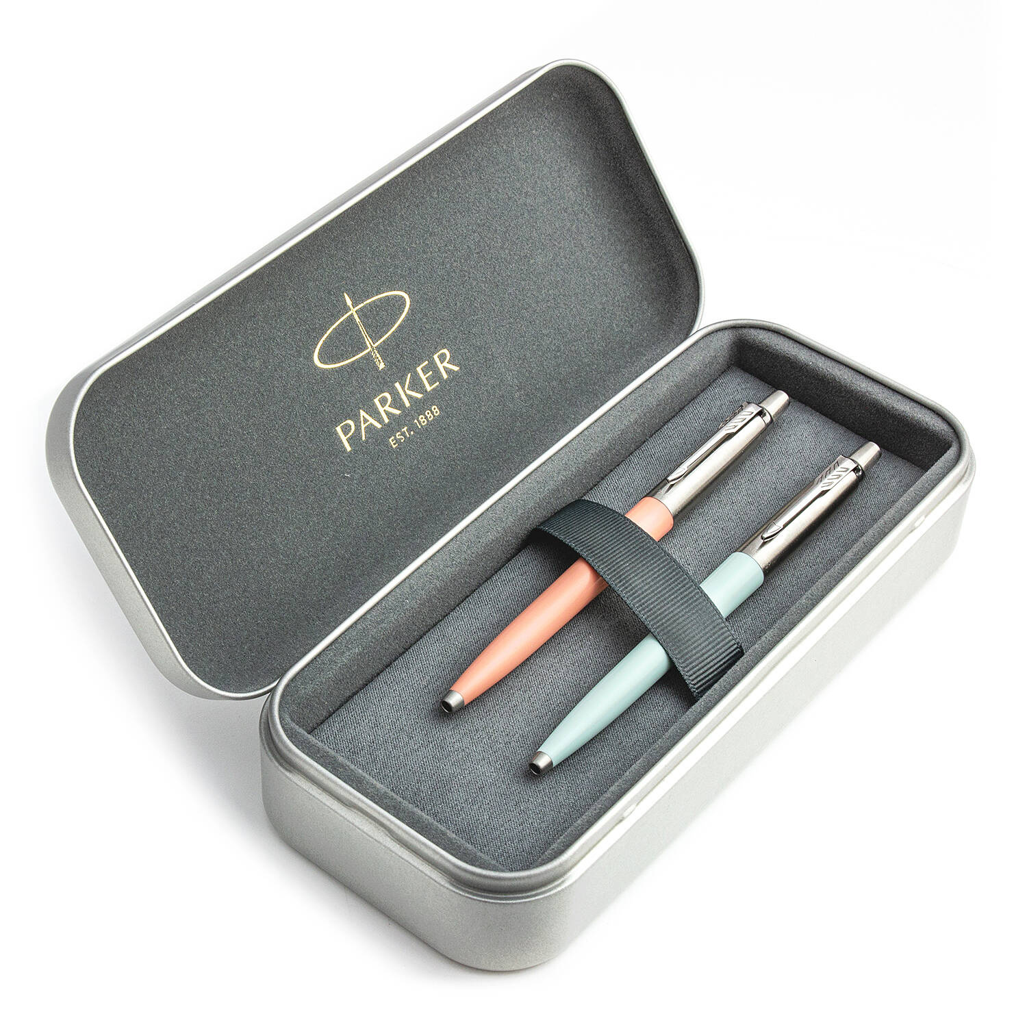 Parker Jotter Originals Powder Pink ir Pastel Blue Tušinukų dovanų rinkinys su metaliniu dėklu