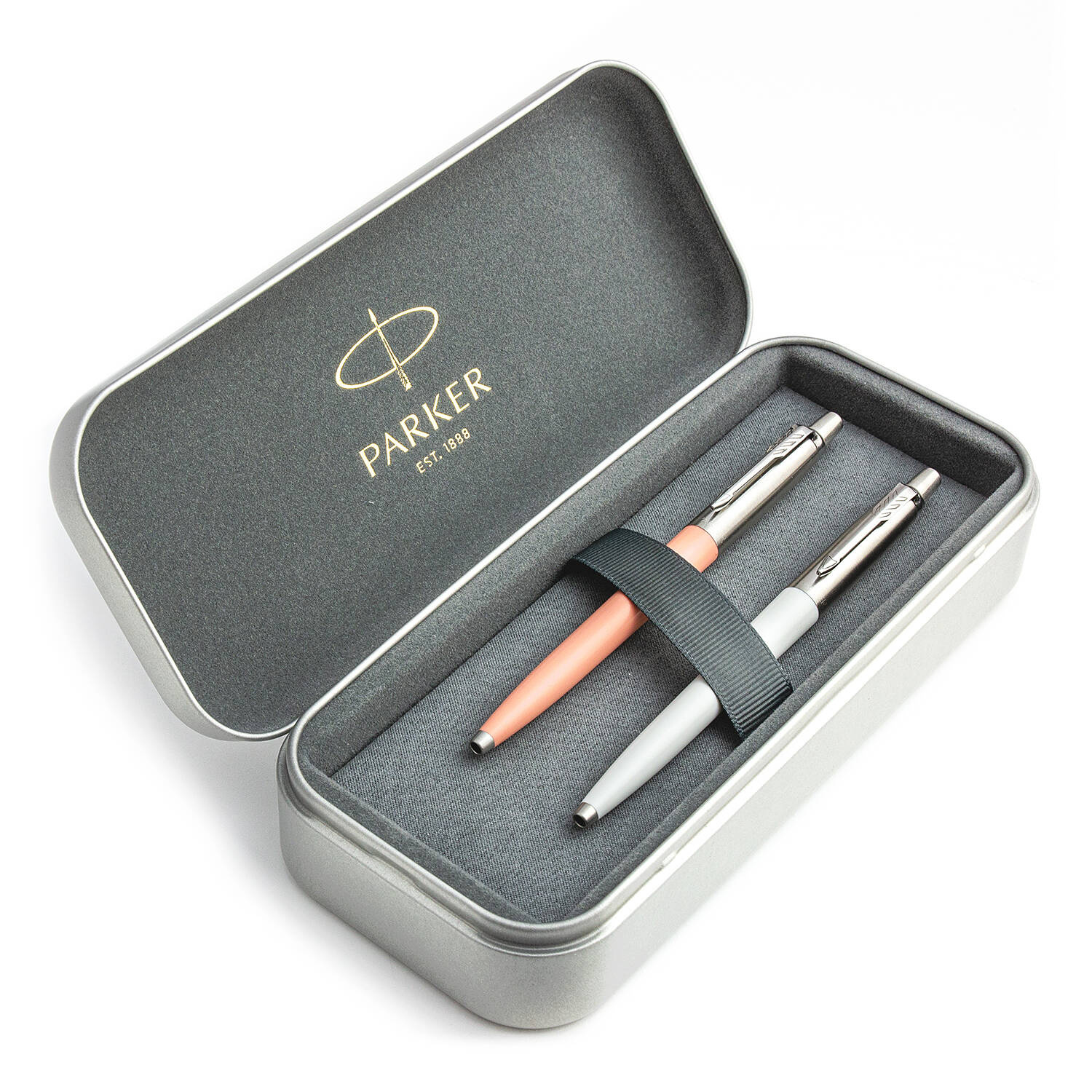 Parker Jotter Originals Powder Pink ir Pearl Tušinukų dovanų rinkinys su metaliniu dėklu
