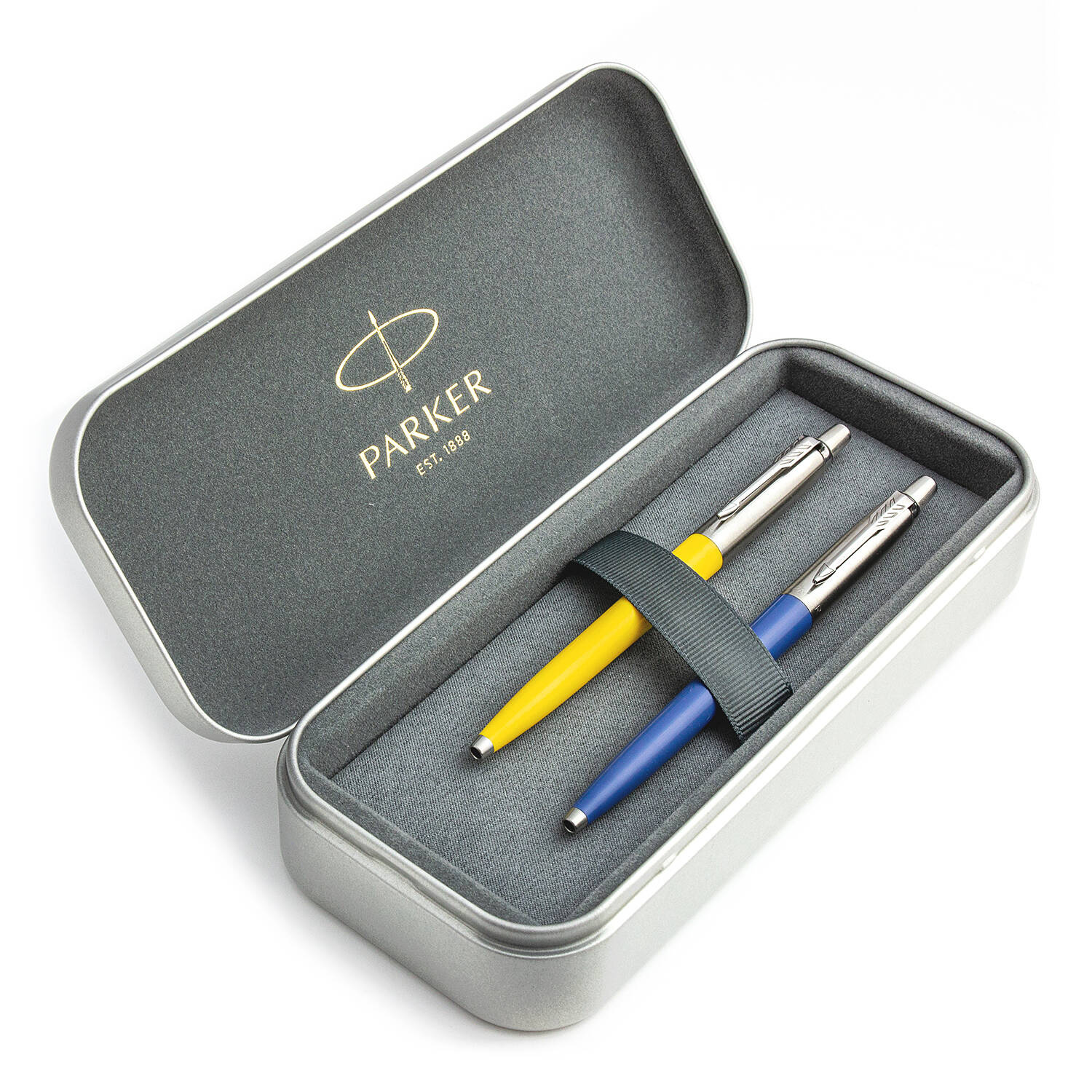Parker Jotter Originals Yellow ir Blue Tušinukų dovanų rinkinys su metaliniu dėklu