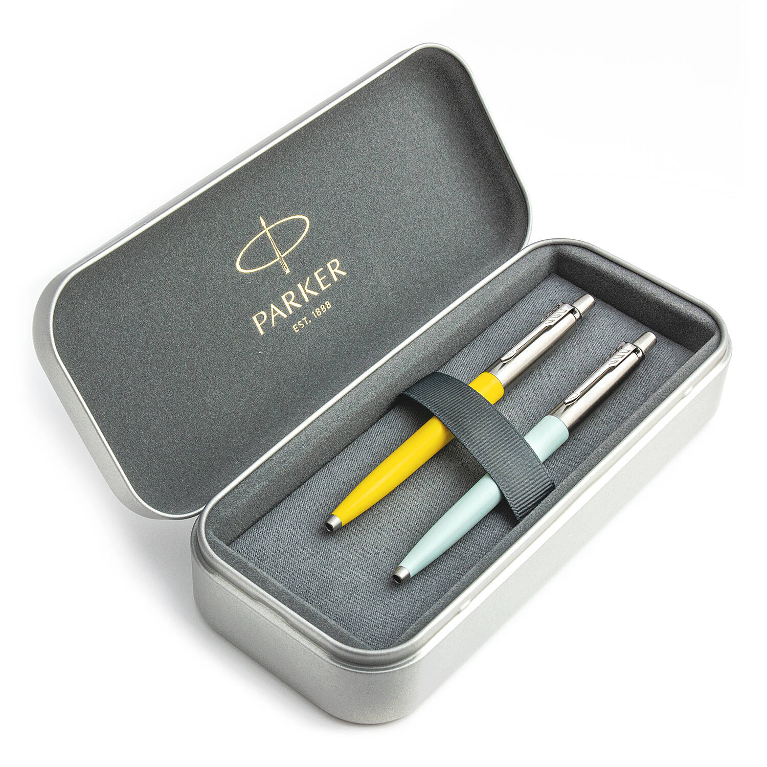 Parker Jotter Originals Yellow ir Pastel Blue Tušinukų dovanų rinkinys su metaliniu dėklu