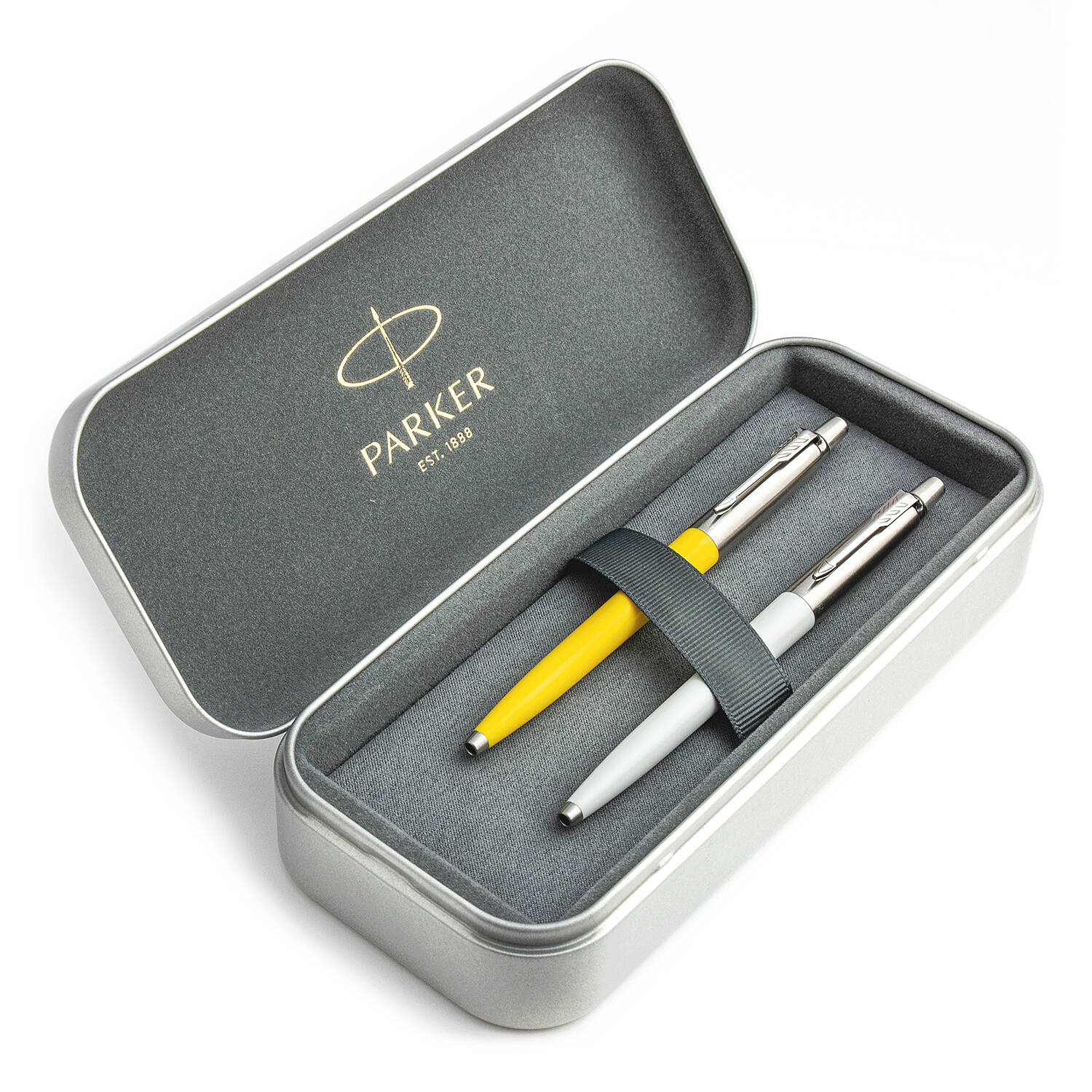 Parker Jotter Originals Yellow ir Pearl Tušinukų dovanų rinkinys su metaliniu dėklu