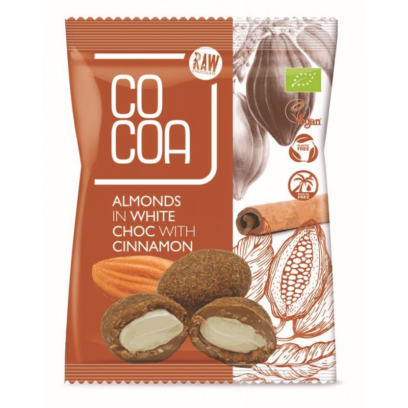 Ekologiški migdolai balto šokolado glajuje su cinamonu – 70 g | COCOA