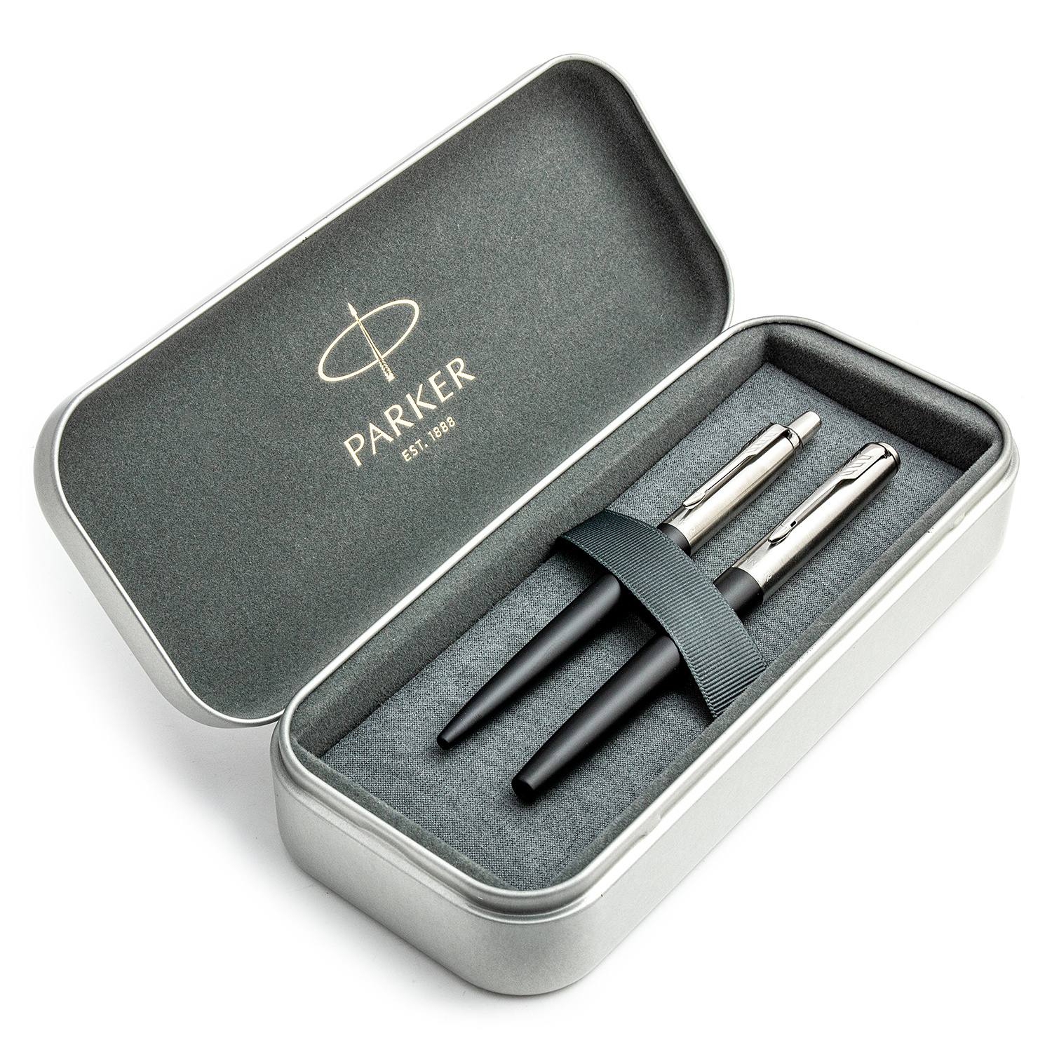 Parker Jotter Bond Street Black CT plunksnakočio ir tušinukų rinkinys metalinėje dėžutėje