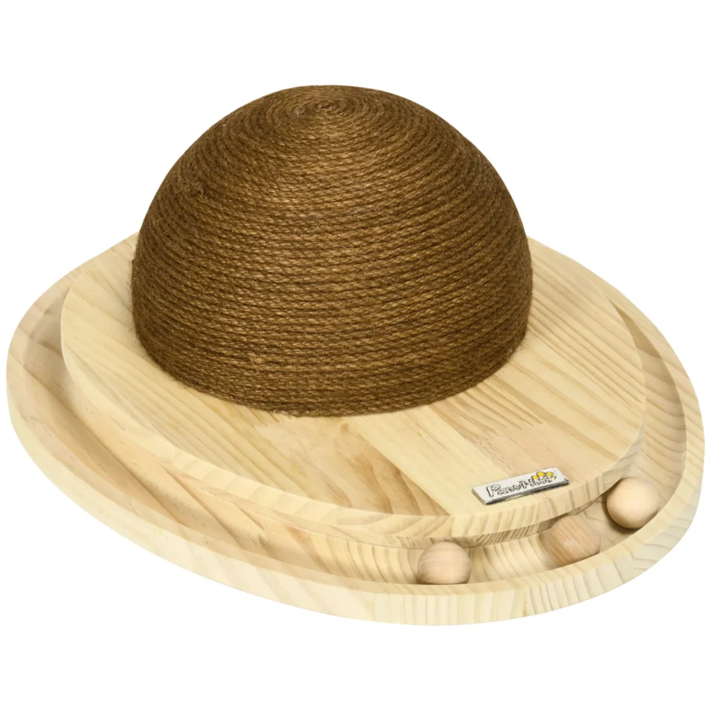 Interaktyvus žaislas katėms "2-in-1" su draskymo lenta ir kamuoliukų taku, džiutas, pušies mediena, gamta+kava, 39,5x32,5x14,5 cm