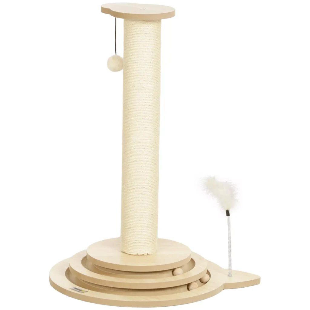 "PawHut 4-in-1" draskyklė, 69 cm draskyklė, sizalio draskyklė katėms su kamuoliuku, draskyklė katėms, kačių draskymo baldai, vidaus, ąžuolinė