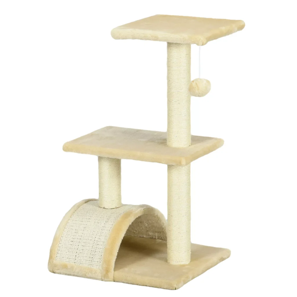 PawHut 72 cm draskyklė katei su pliušiniais kamuoliukais, sizalio stulpeliais, platforma, draskymo lenta, kelių aukštų draskyklė, laipiojimo medis, vidutinio dydžio katėms, kreminės baltos spalvos