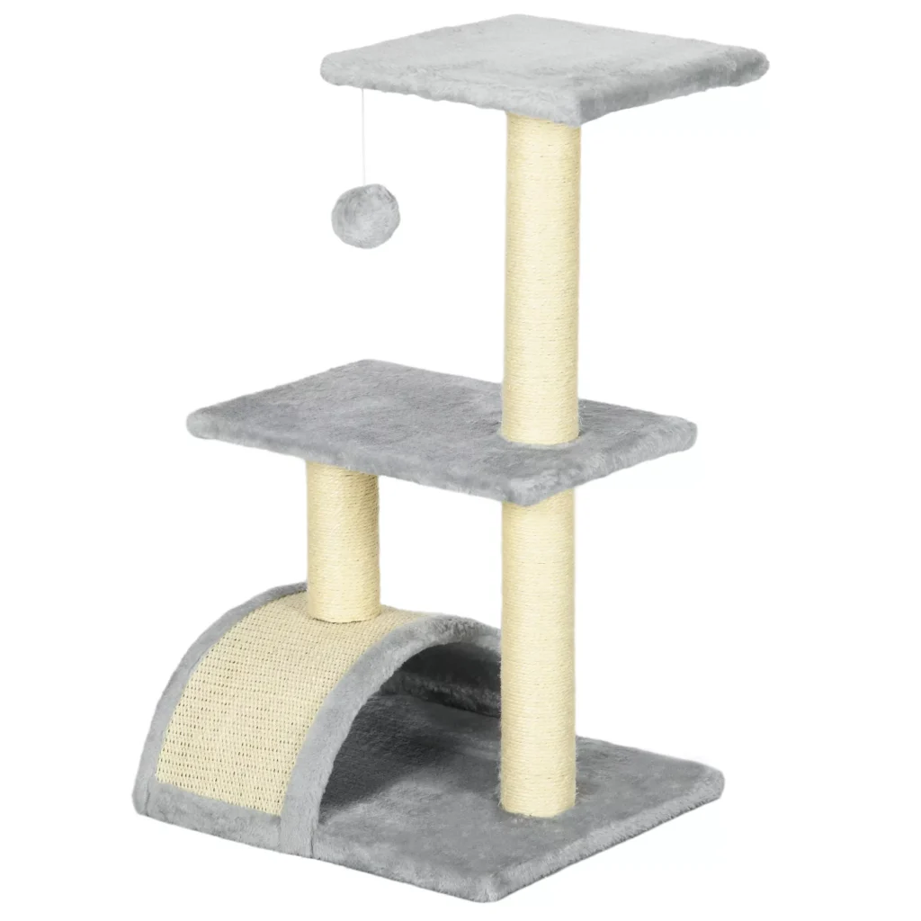 PawHut 72 cm aukščio draskyklė-kačių bokštas su pliušiniais kamuoliukais, sizalio stulpais, platforma, draskykle, daugiaaukštė draskyklė katėms, laipiojimo medis vidutinio dydžio katėms, šviesiai pilka