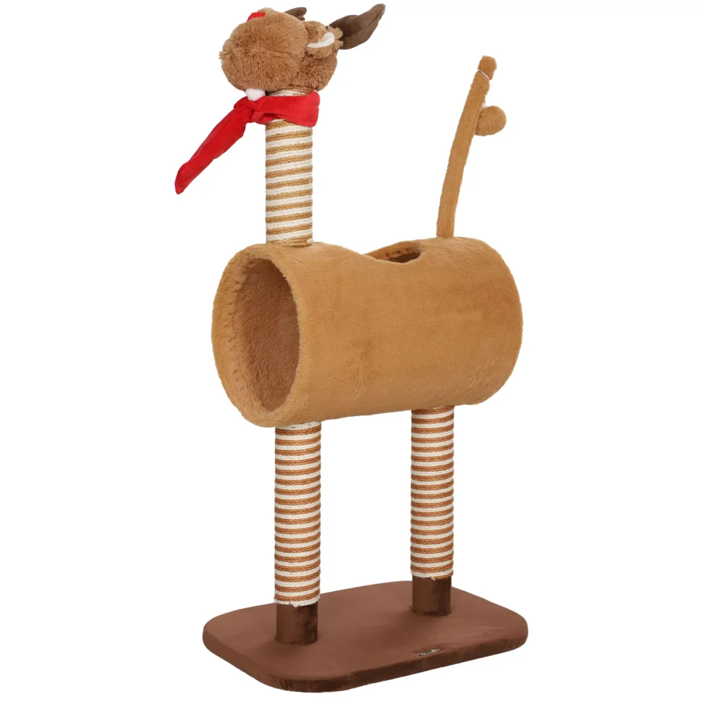 PawHut draskyklė katėms 98 cm aukščio, elnio dizaino, su urvu, žaisliniu kamuoliuku, džiuto stulpais, kačių draskyklė, laipiojimo medis, vidutinio dydžio katėms, rudos spalvos