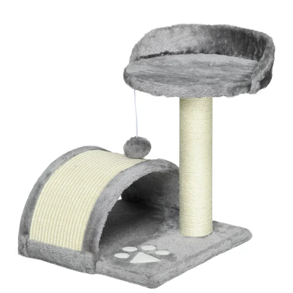 PawHut draskyklis 46 cm, kačių medis su žaisliniais kamuoliukais, draskomoji plokštė, sizalio virvė, pliušas, kačių draskyklis su paaukštinta platforma, guoliu, katėms, pilkas