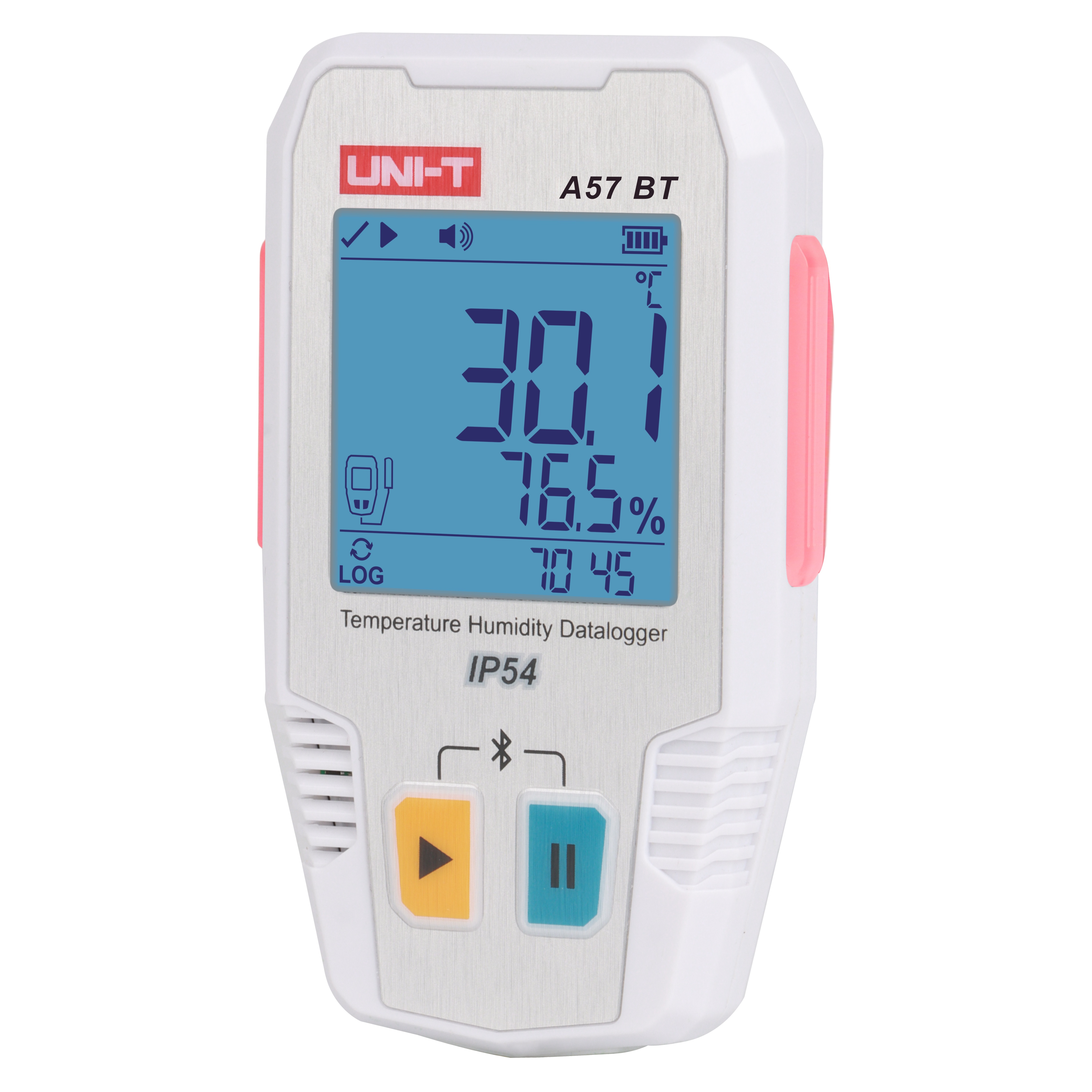 Temperatūros ir drėgmės duomenų kaupiklis, -40 ~ 85C, 0%~100% RH, 64000 taškų, IP54, Bluetooth, UNI-T