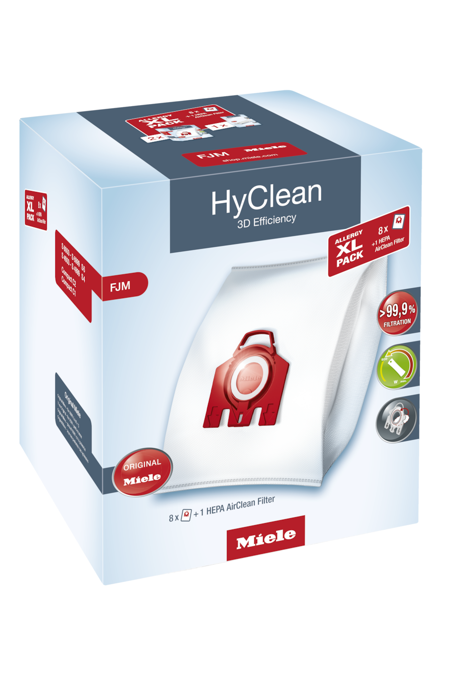 MIELE 12498190 XL HyClean FJM  Dulkių maišeliai 8vnt + 1vnt  HEPA AirClean filtras