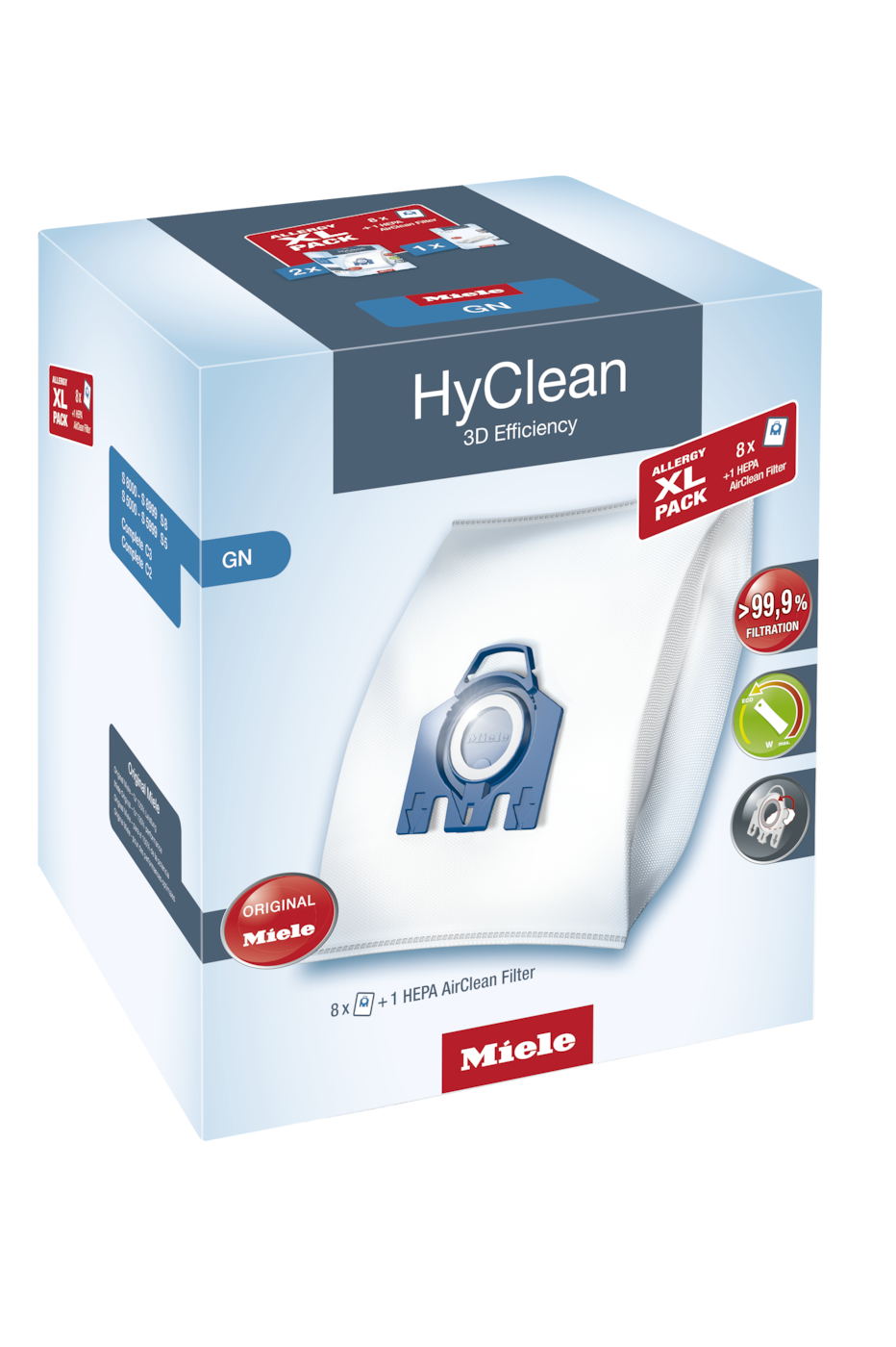 MIELE 12498170 XL HyClean GN Dulkių maišeliai 8vnt + 1vnt  HEPA AirClean filtras