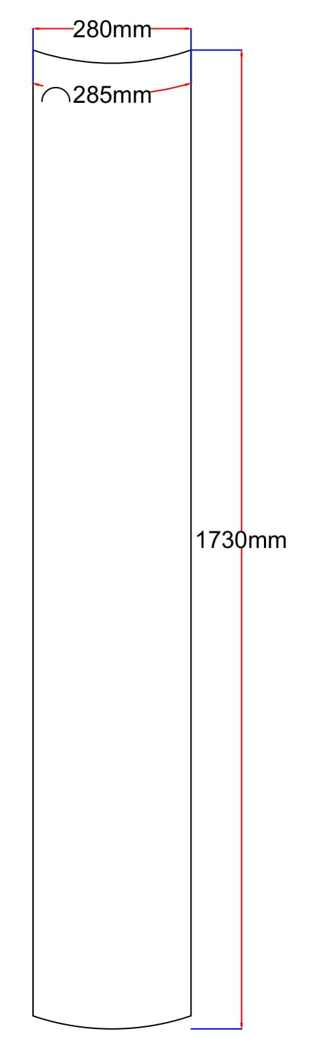 Dušo kabinos šoninis stiklas lenktas 280x1730 (lenkta dalis 285 mm) skaidrus 4.11.