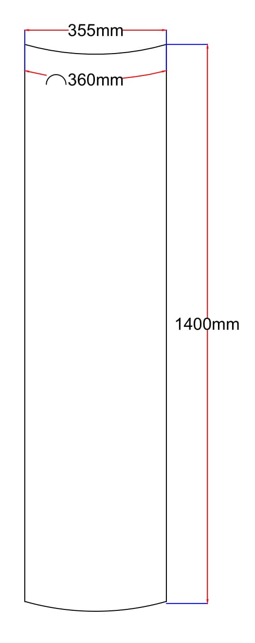 Dušo kabinos šoninis stiklas lenktas 355x1420 (lenkta dalis 360 mm) skaidrus 4.12.