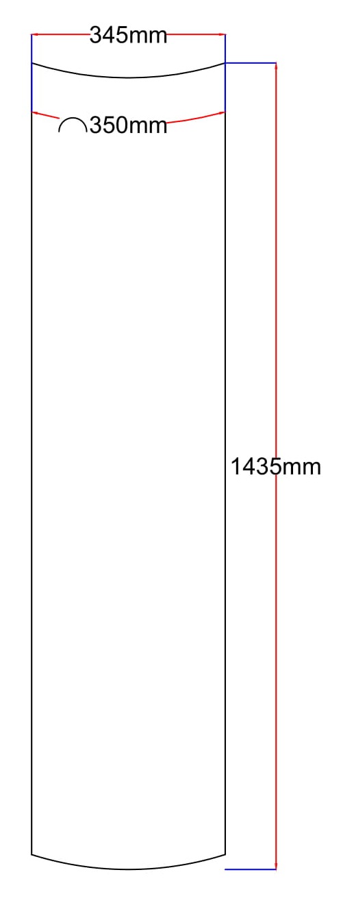 Dušo kabinos šoninis stiklas lenktas 345x1435 (lenkta dalis 350 mm) skaidrus 4.13.