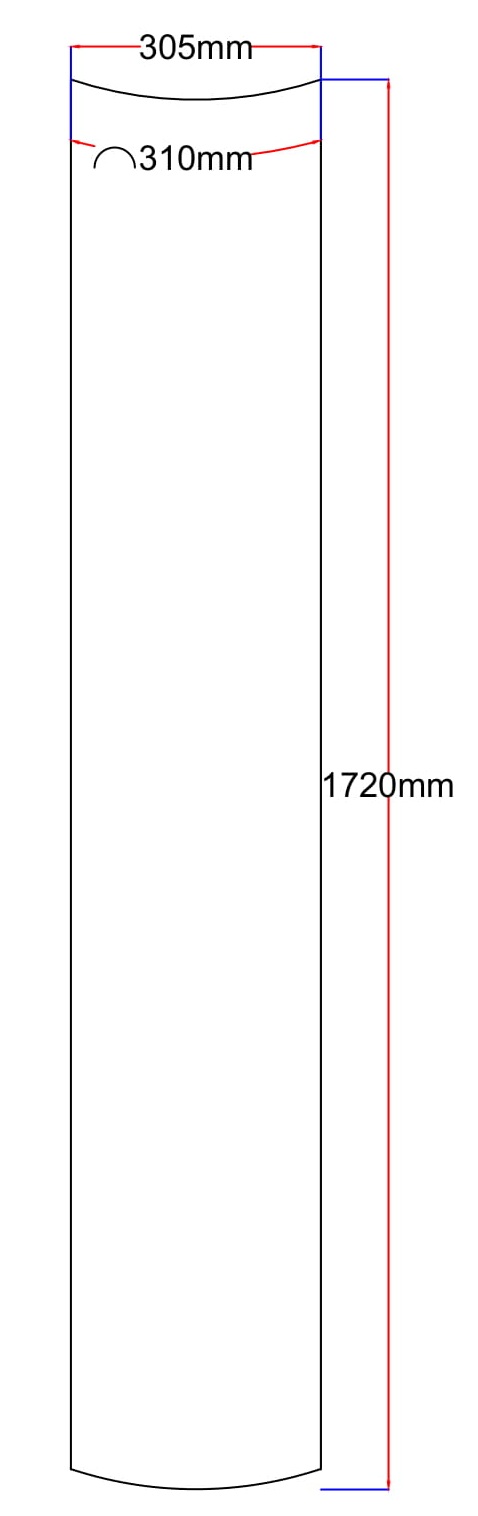 Dušo kabinos šoninis stiklas lenktas 305x1720 (lenkta dalis 310 mm) skaidrus 4.15.