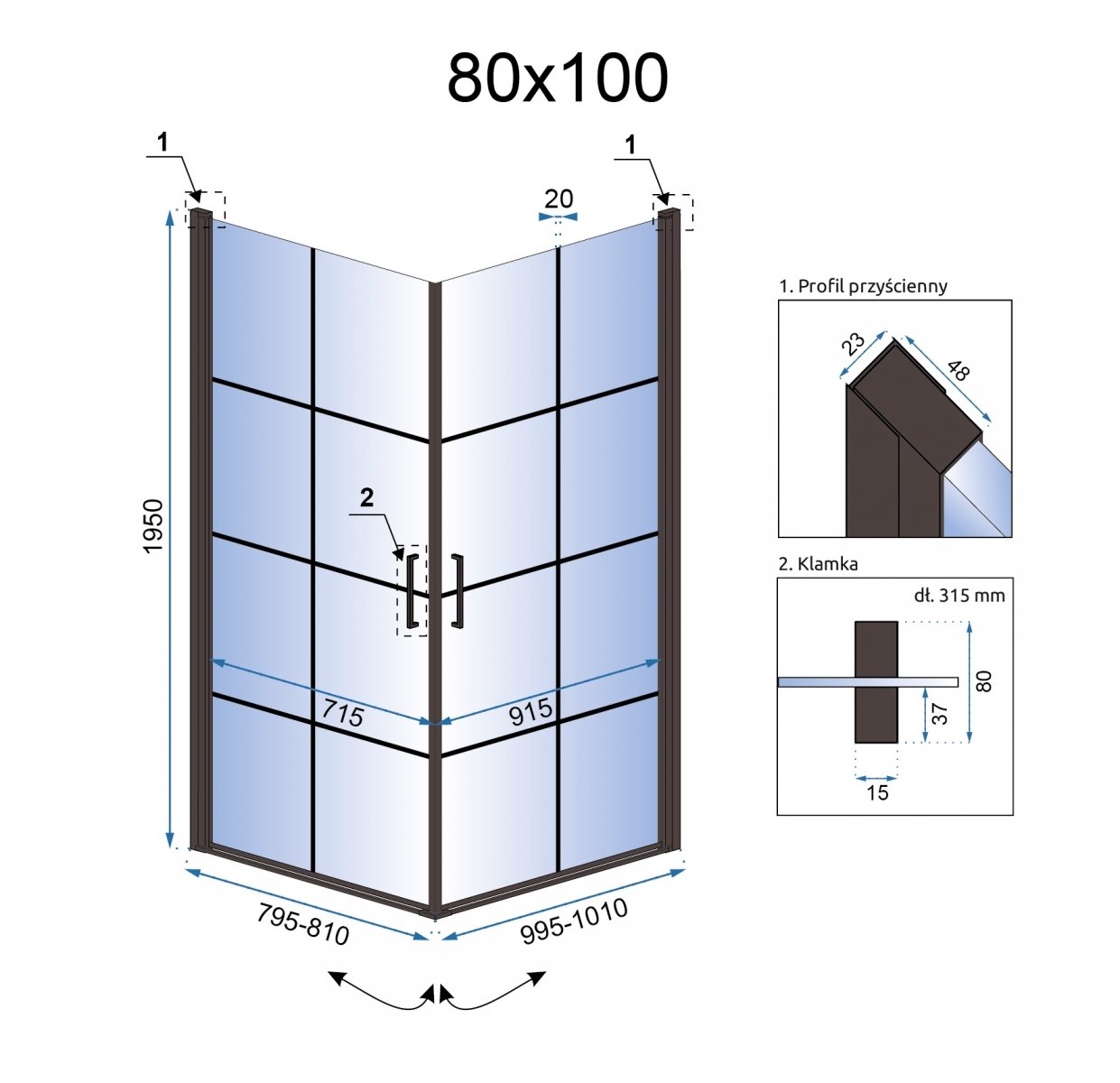 Dušo kabina REA Rubik black mat, 80x80, 90x90, 80x100cm - 80x100cm