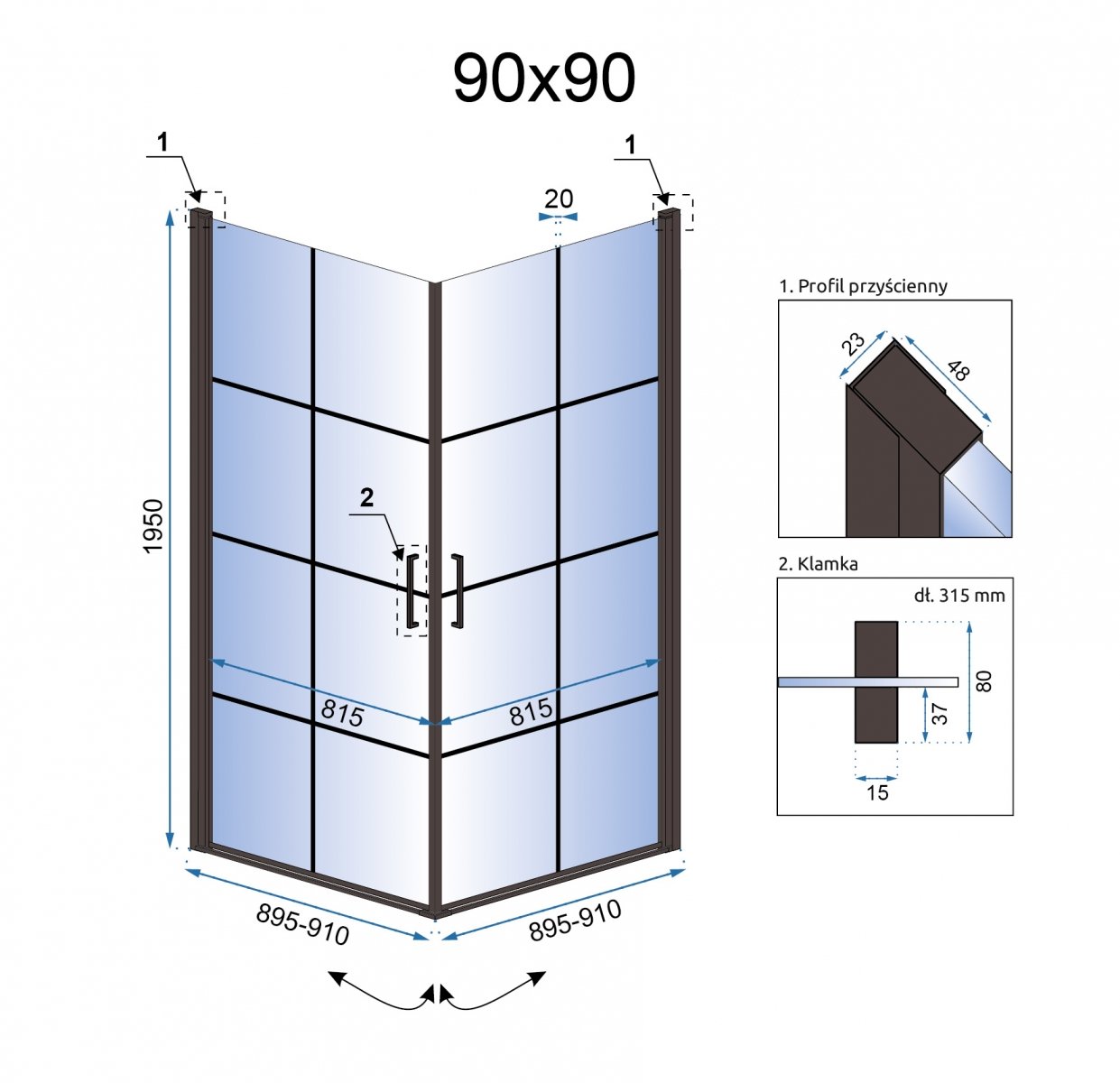 Dušo kabina REA Rubik black mat, 80x80, 90x90, 80x100cm - 90x90cm