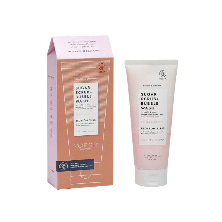 Cukraus šveitiklis kūno ir galvos odos priežiūrai Voesh Shower & Empower Sugar Scrub Bubble Wash Blossom Bliss VBS107BSM, 210 g.