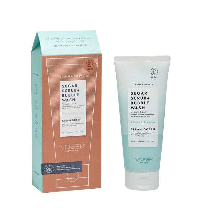Cukraus šveitiklis kūno ir galvos odos priežiūrai Voesh Shower & Empower Sugar Scrub Bubble Wash Clean Ocean VBS107CLN, 210 g.