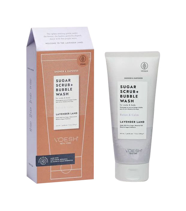 Cukraus šveitiklis kūno ir galvos odos priežiūrai Voesh Shower & Empower Sugar Scrub Bubble Wash Lavender Land  VBS107LVR, 210 g.