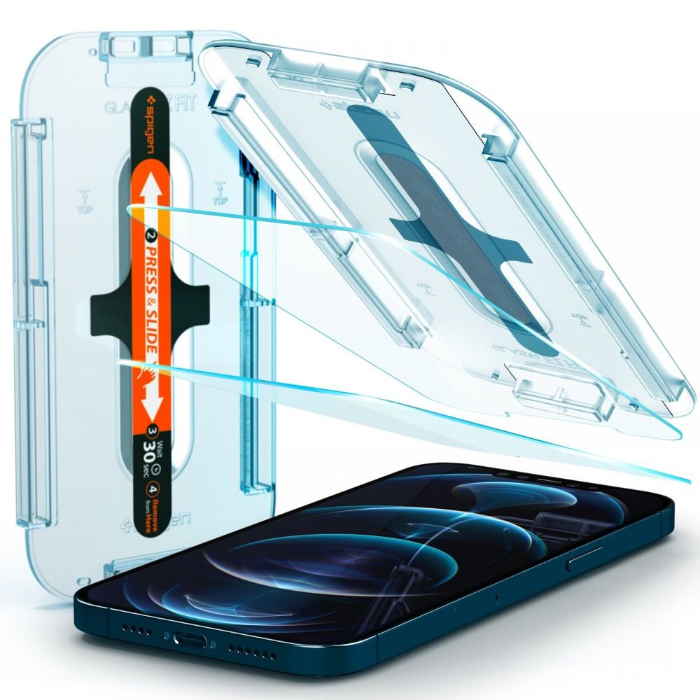 Apsauginis stiklas "SPIGEN GLAS.TR ”EZ FIT” (2-vnt) su montavymo rėmeliu telefonui iPhone 12 Pro Max