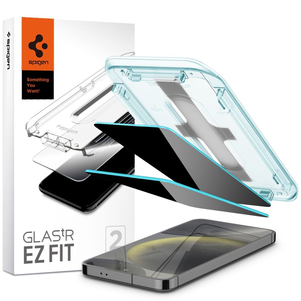 Privatumo suteikiantis apsauginis stikliukas "Spigen Glas.Tr ”EZ FIT Privacy (2-vnt)" su montavimo rėmeliu telefonui Samsung Galaxy S24