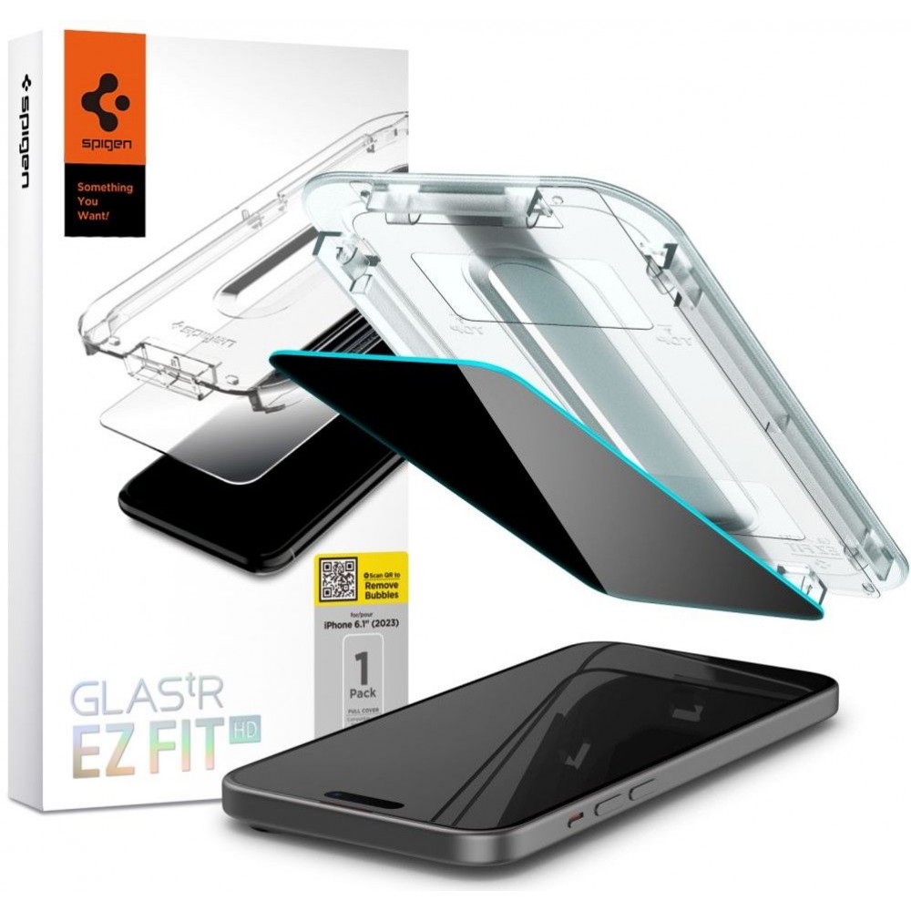 Privatumo suteikiantis apsauginis stikliukas "Spigen Glas.Tr ”EZ FIT Privacy” su montavimo rėmeliu telefonui iPhone 15 Pro