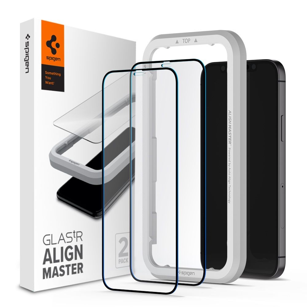 Apsauginis stiklas Spigen "Alm Glass FC 2-pack'' (2 vnt.) su montavymo rėmeliu telefonui Apple iPhone 12 / 12 PRO