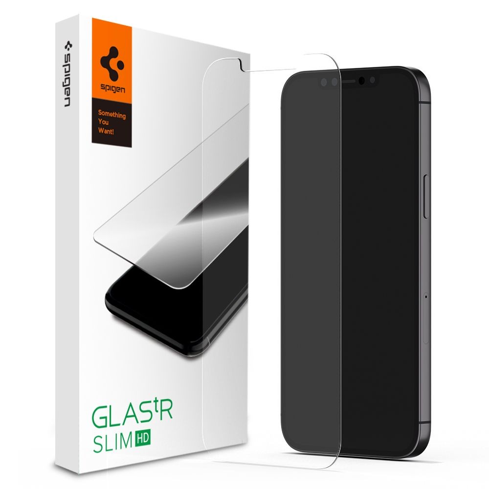 Skaidrus apsauginis grūdintas stiklas Spigen "Glas.Tr Slim" telefonui iPhone 12 / 12 PRO