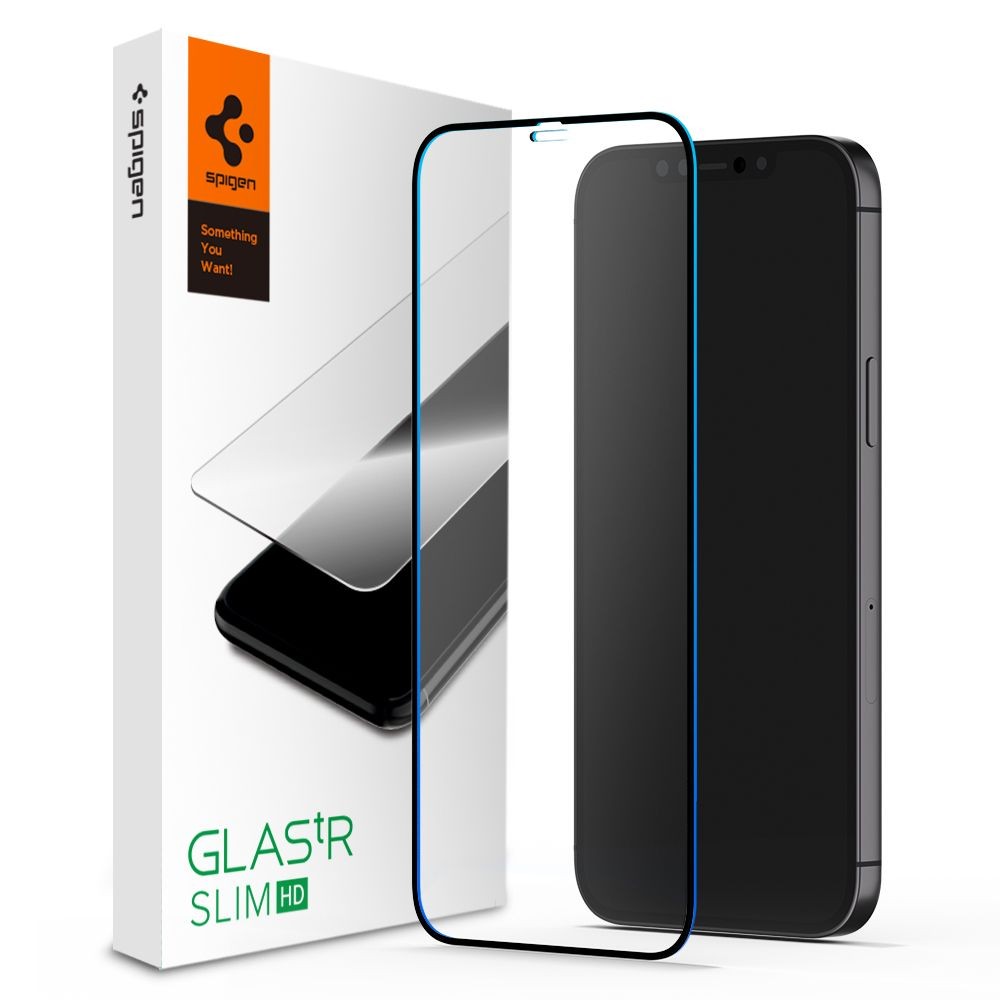 Apsauginis grūdintas stiklas juodais kraštais Spigen "Glass Fc" telefonui iPhone 12 / 12 Pro