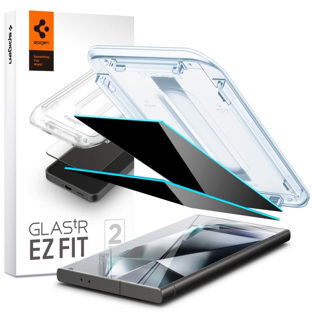 Privatumo suteikiantis apsauginis stikliukas "Spigen Glas.Tr ”EZ FIT Privacy (2-vnt)" su montavimo rėmeliu telefonui Samsung Galaxy S24 Ultra