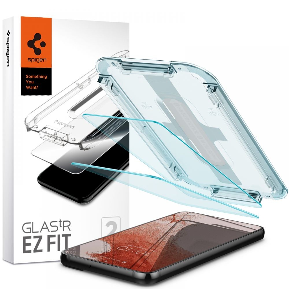 Apsauginis stiklas Spigen Glass.Tr "Ez Fit" (2vnt.) su montavimo rėmeliu telefonui Samsung Galaxy S22