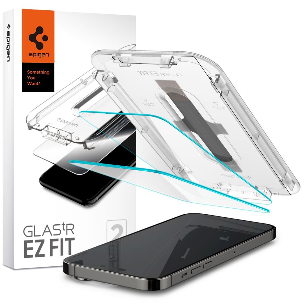 Apsauginis stiklas "SPIGEN GLAS.TR ”EZ FIT” (2-vnt) su montavymo rėmeliu telefonui iPhone 14 Pro Max