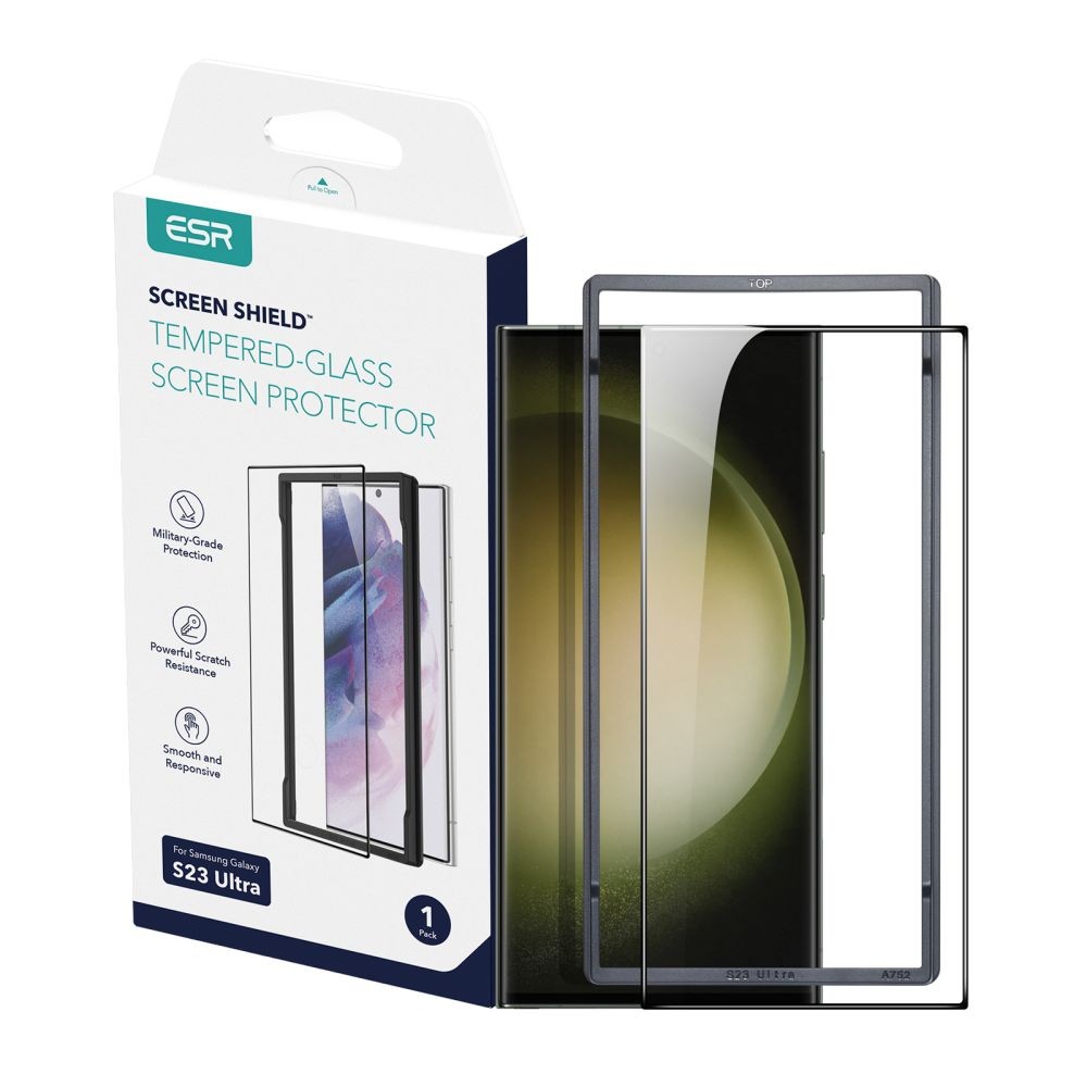 Apsauginis grūdintas stiklas, juodais kraštais, su montavimo rėmeliu "Esr Screen Shield" telefonui Samsung Galaxy S23 Ultra