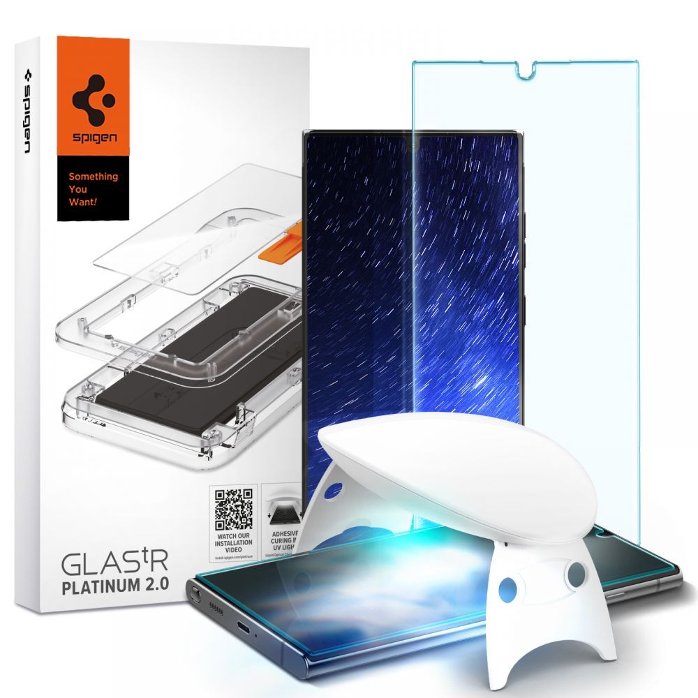Itin skaidrus apsauginis UV stiklas "Spigen Glass TR Platinum" telefonui Samsung Galaxy S22 Ultra