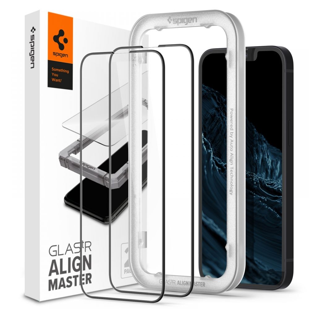 Apsauginis stiklas juodais krašteliais "SPIGEN ALM GLASS FC” (2-vnt) su montavymo rėmeliu telefonui iPhone 13 / 13 Pro / 14
