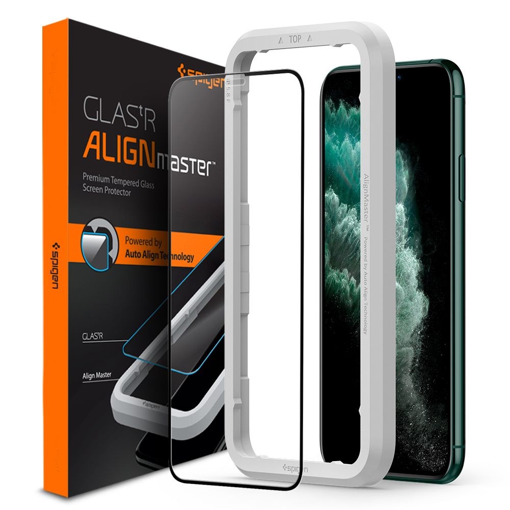 Apsauginis stiklas juodais krašteliais "Spigen ALM Glass FC” su montavymo rėmeliu telefonui iPhone 11 Pro Max