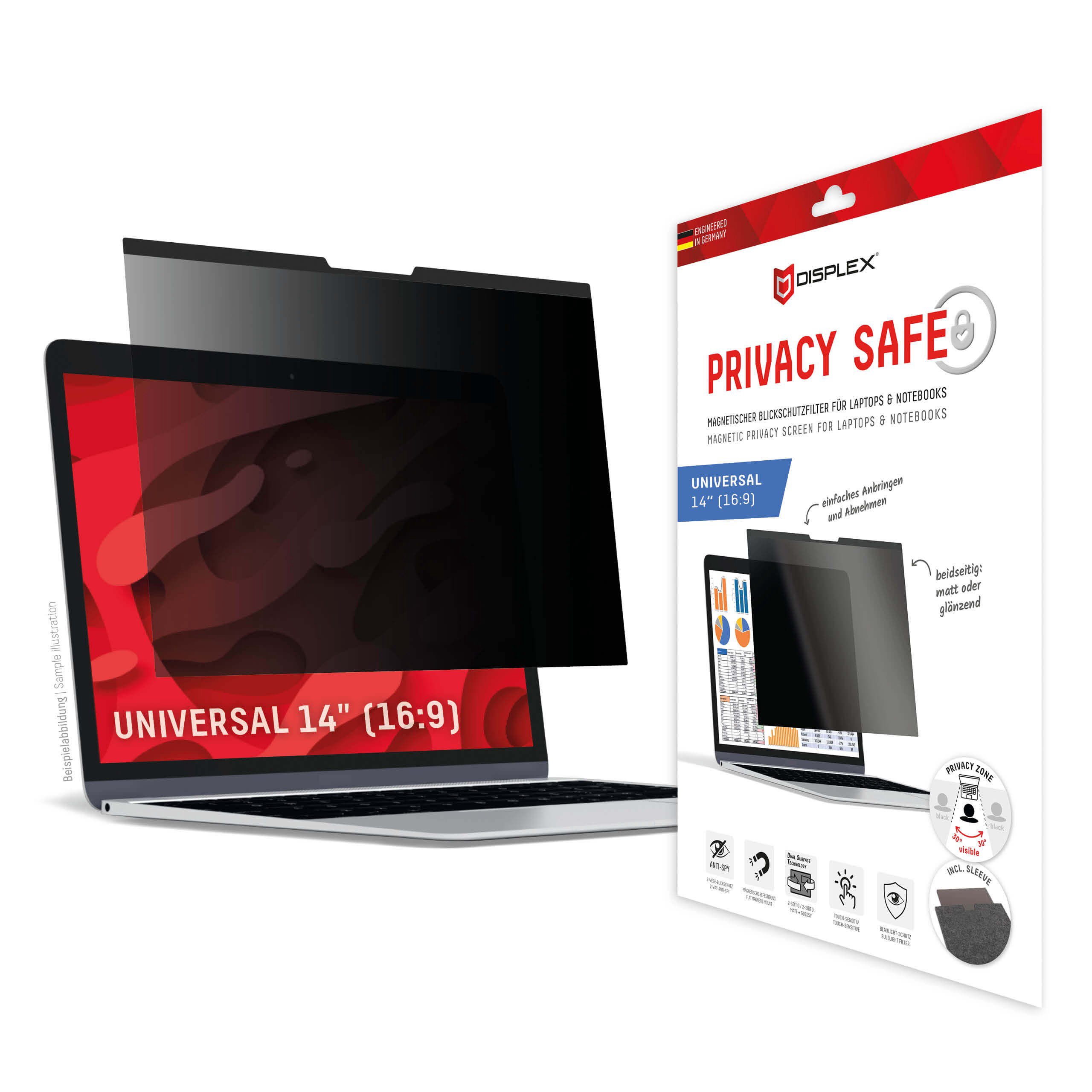 Mob.telefono ekrano apsauga Universal Privacy Safe Glass 14", 16:9 By Displex Transparent