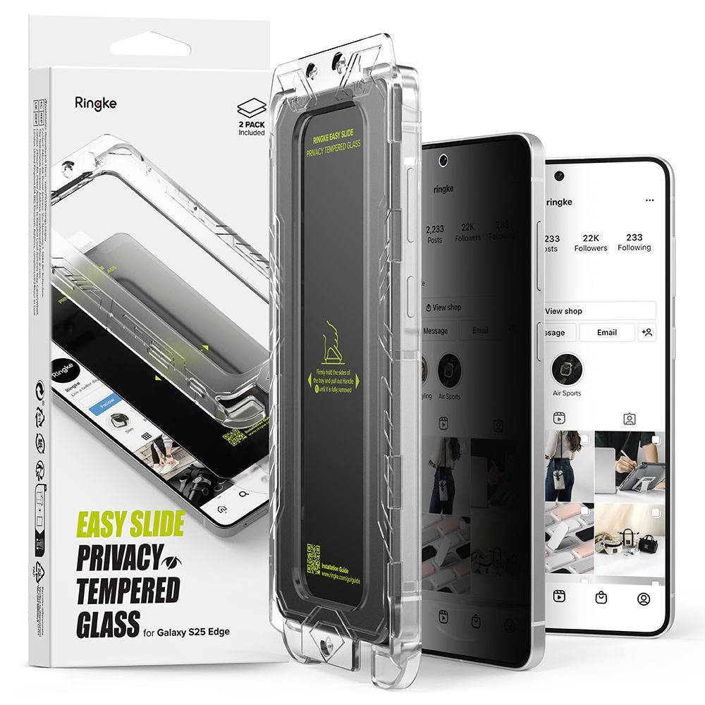 Privatumo suteikiamtis apsauginis stikliukas (2vnt.) su montavymo rėmeliu "Ringke Easy Slide" telefonui Samsung Galaxy S25 Edge
