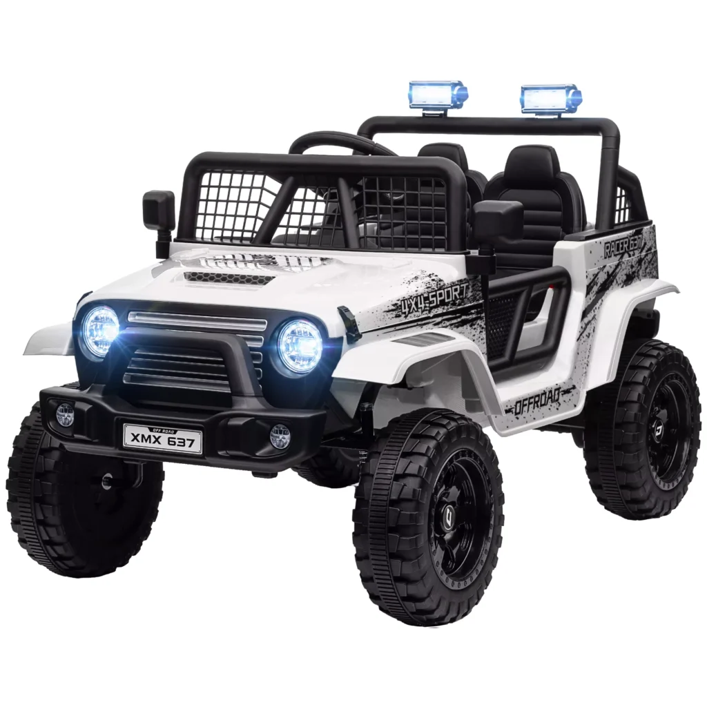 Elektrinis vaikiškas automobilis, 12 V 3-5 km/val. su muzikine jungtimi, su 2.4G nuotolinio valdymo pulteliu, žibintais, garso signalu, 3-6 metų vaikams, balta