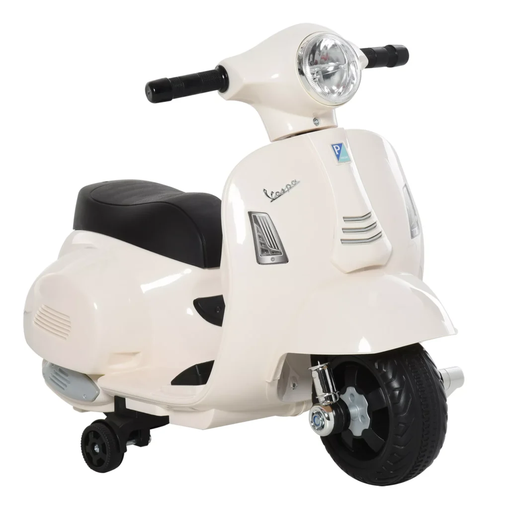 VESPA elektrinis motociklas vaikams, 18-36 mėn., 3 km/val., LED šviesa ir garsas, PP plastikas ir metalas, baltas, 66,5x38x52 cm