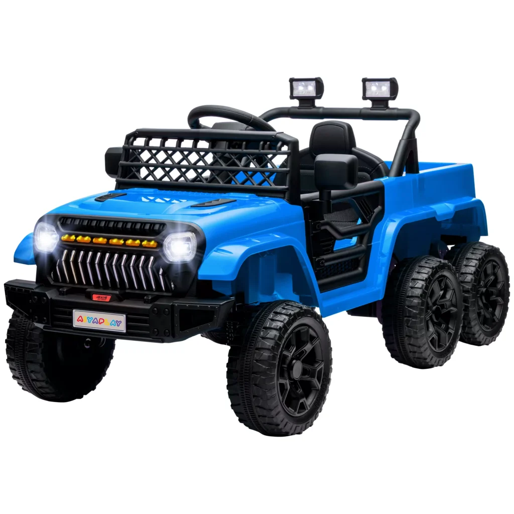 Vaikiškas elektrinis automobilis, 12 V visureigis su 2.4G nuotolinio valdymo pulteliu ir priekaba, 2,5-4 km/val., skirta 3-8 metų vaikams, mėlyna