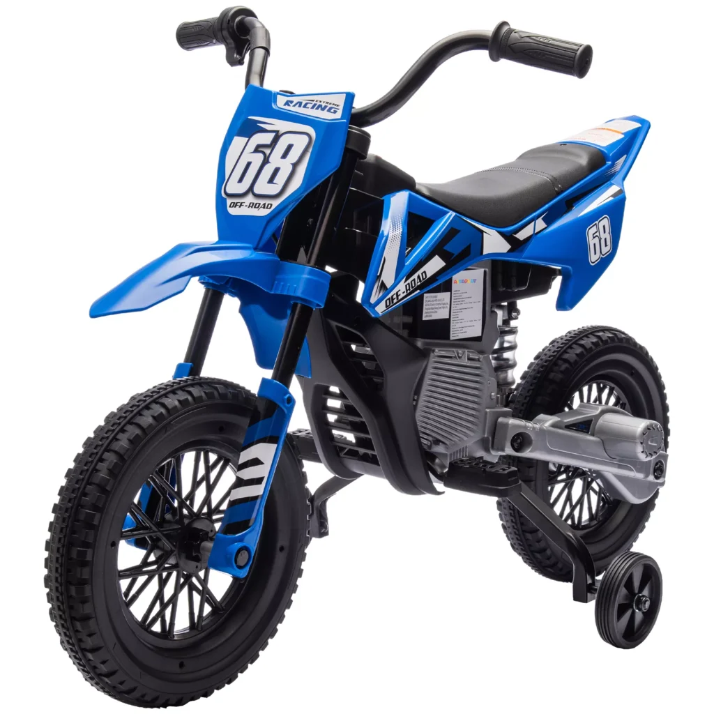 Vaikiškas elektrinis motociklas, 12V su muzika, nuimamais mokomaisiais ratais, 2,4-5 km/val., skirtas 3-6 metų vaikams, mėlyna