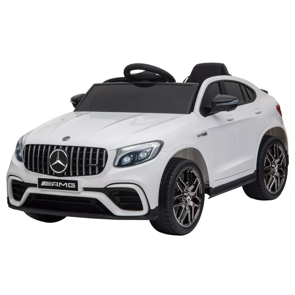 Mercedes-Benz AMG GLA45 licencijuotas vaikiškas elektrinis automobilis su nuotolinio valdymo pulteliu, MP3, saugos diržais, 37-60 mėn., baltos spalvos