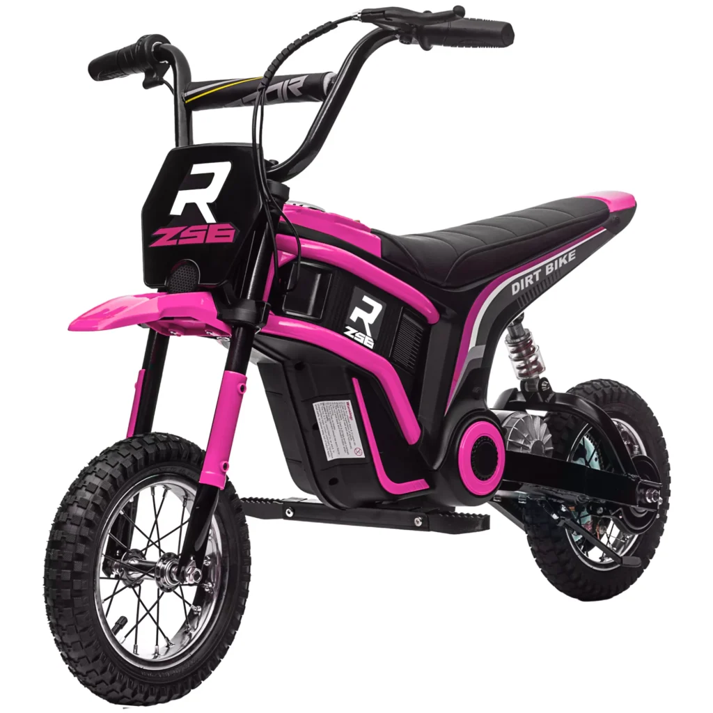 HOMCOM elektrinis motociklas vaikams, su 24V 350W varikliu, 8-16 KMH greičio režimu, 12 colių pripučiamomis padangomis, elektra varomas motociklas su muzika ir priekiniu žibintu, „Moto Cross“ vaikams nuo 8 iki 12 metų, rožinis