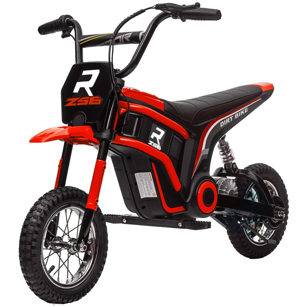 HOMCOM elektrinis motociklas vaikams, su 24V 350W varikliu, 8-16 KM/H greičio režimu, 12 colių pripučiamomis padangomis, elektrinis motociklas su muzika ir priekiniu žibintu, krosinis motociklas vaikams nuo 8 iki 12 metų, raudonas