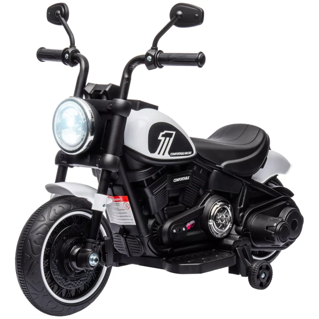 Vaikiškas elektrinis motociklas su 2 nuimamais mokomaisiais ratais, 3 km/val., skirta 1,5-3 metų vaikams, Baltas 76 x 42 x 57 cm