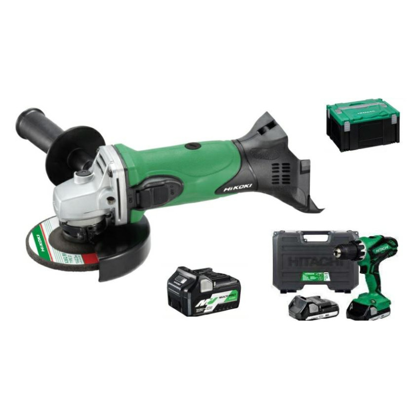 DS18DJL+G18DSL HIKOKI rinkinys 18V gręžtuvas DS18DJL 2x1.5Ah + šlifavimo mašina G18DSL 115mm 1x5.0Ah + dėklas HSC3