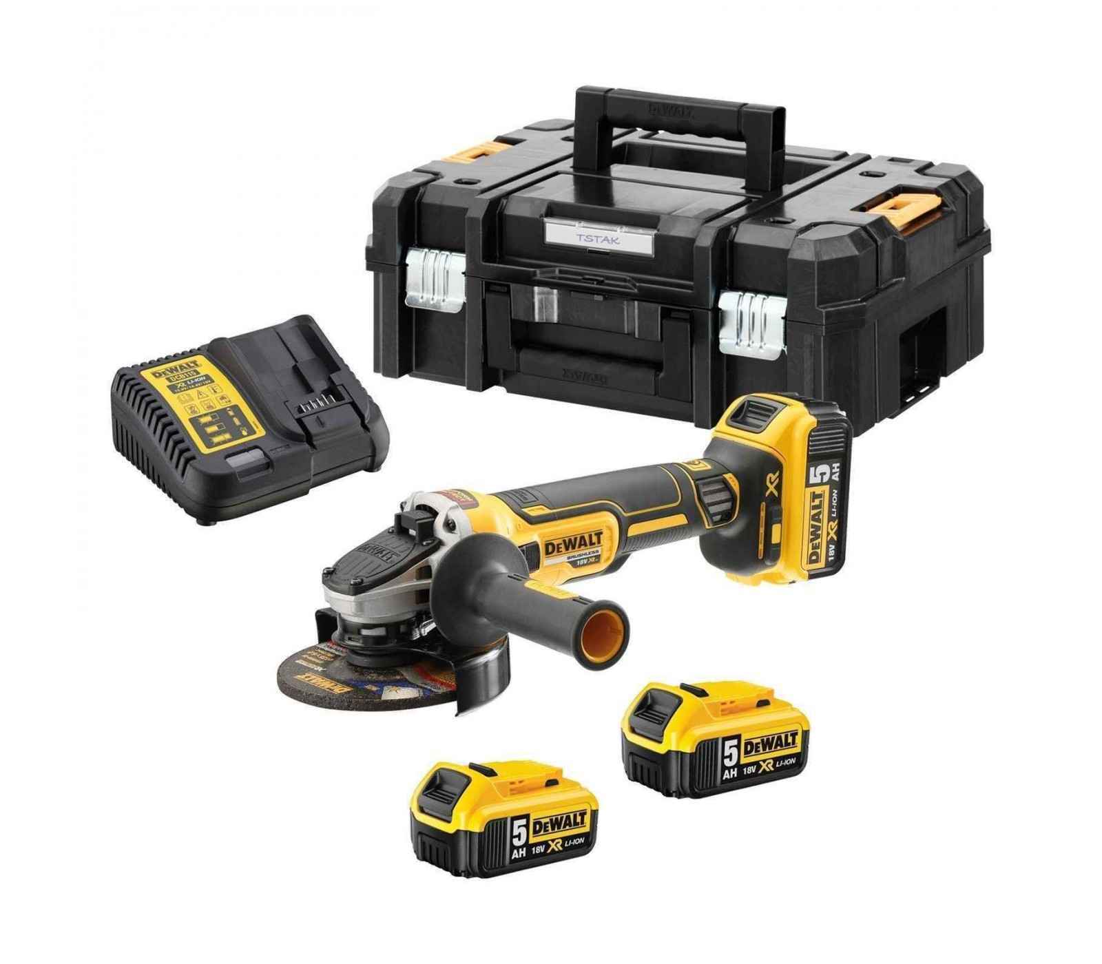 Dewalt akumuliatorinio kampinio šlifuoklio rinkinys DCG405P3, 125 mm, 18 V, 3 x 5 Ah, įkroviklis + lagaminas